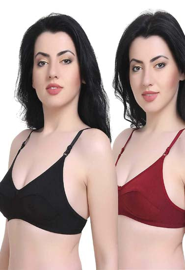Women T-Shirt Cotton Hosiery Black &amp; Red Bra (Pack of 2), NikkiandNaomi