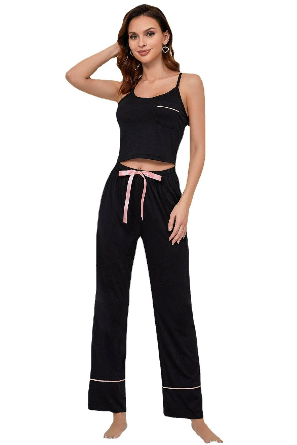 Contrast Trim Cropped Cami and Pants Loungewear Set, NikkiandNaomi