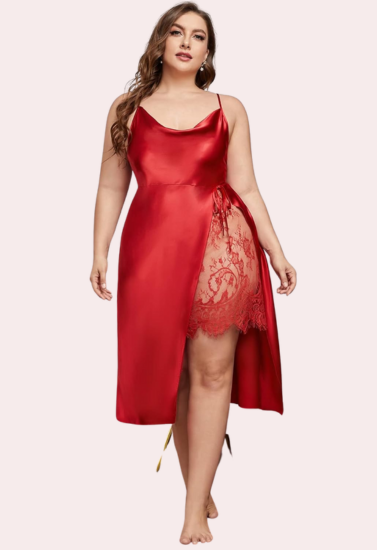 Plus Size Lace Trim Sleep Dress with Cowl Neck, NikkiandNaomi